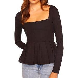 NEW Susana Monaco Square Neck Long Sleeve Peplum Top Black Medium
